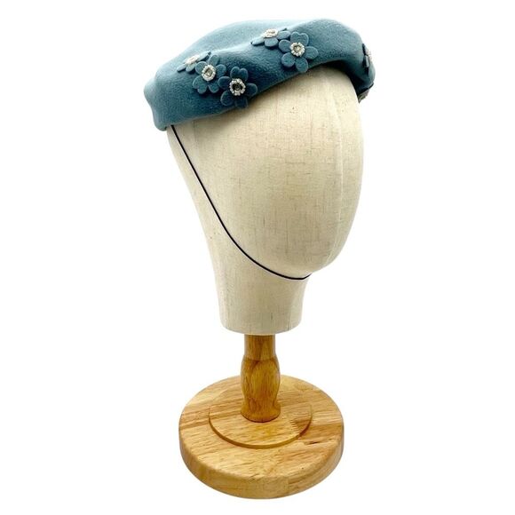 Vintage 1950s BB Ruth Velour Beret Hat Slate Blue Floral Applique Pearl Studded - Picture 6 of 16